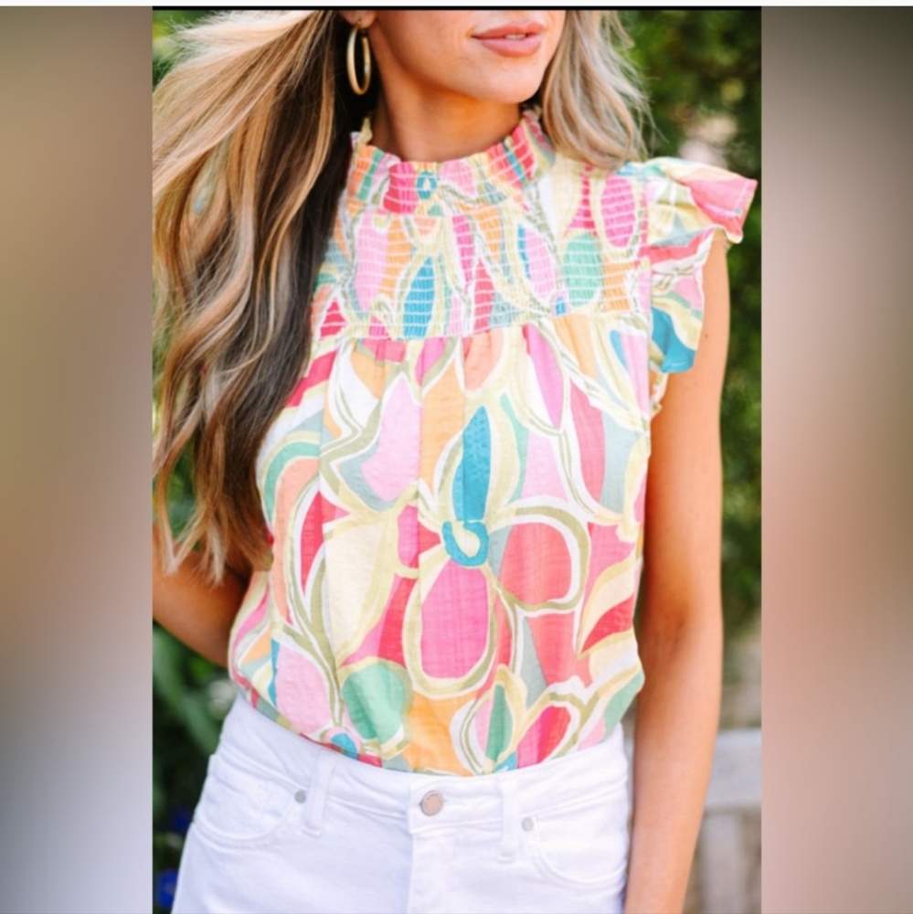Hadley abstract print, smocked collar blouse